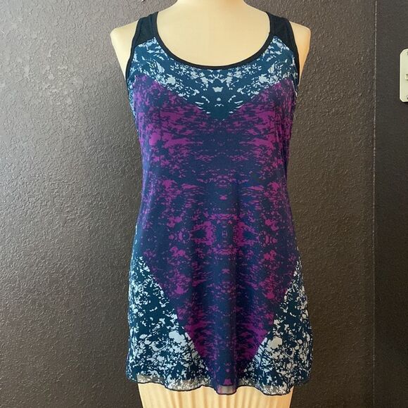 Cabi black racerback tank with purple printed  mesh overlay tunic tank top - Picture 1 of 6